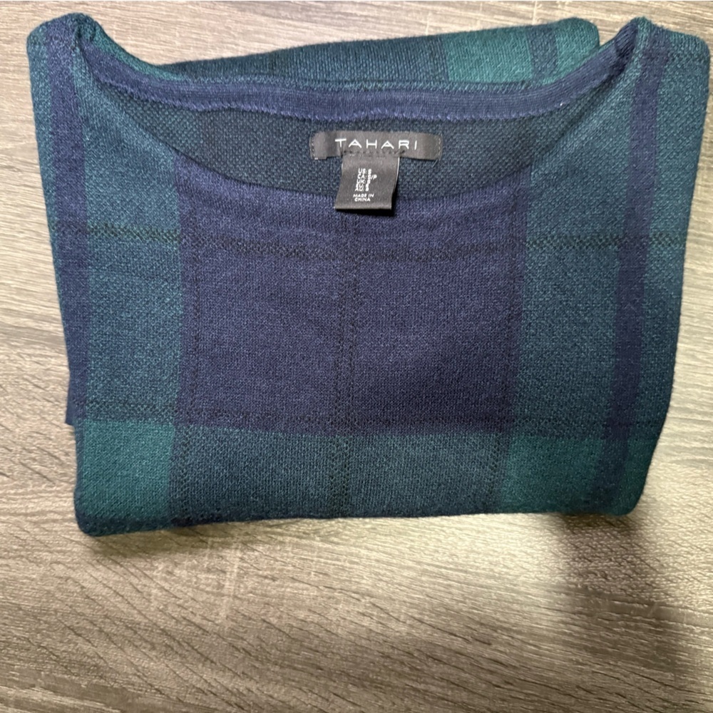 Tahari Women's Crewneck Sweater - Navy and Teal Plaid - Picture 14 of 15